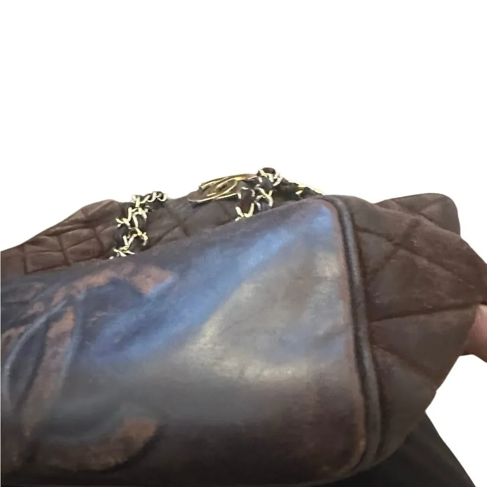 CHANEL Dark Brown Quilted Tote with Gold Chain